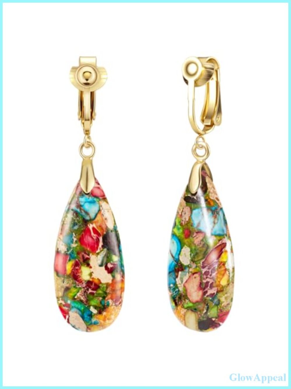 Boho Long Teardrop Stone Clip On Earrings Gold Plated Non Pierced Statement
